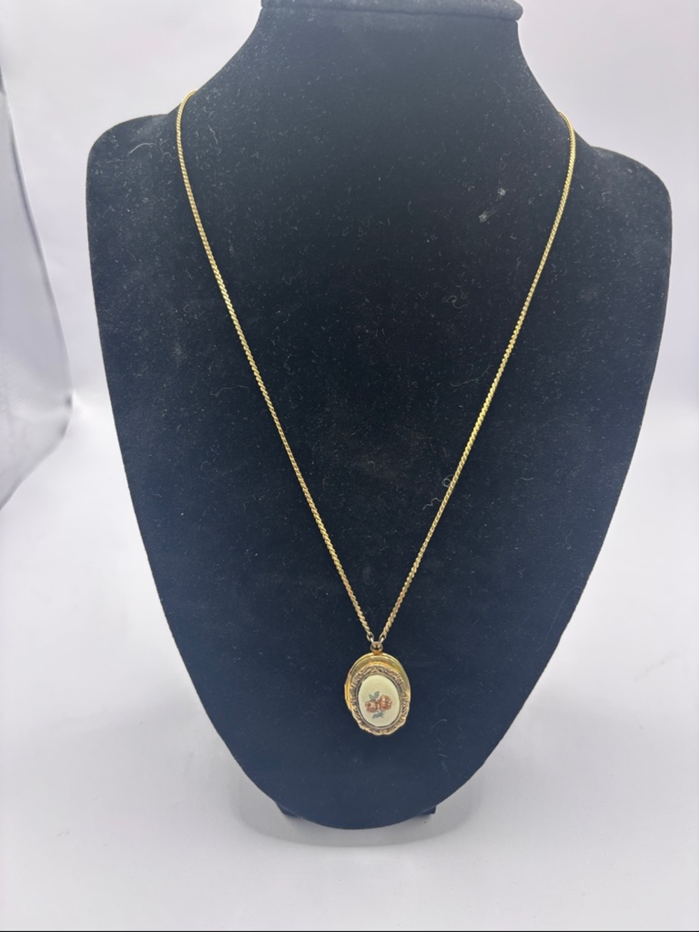 1928 Gold Floral Oval Locket Necklace with Painted Detail